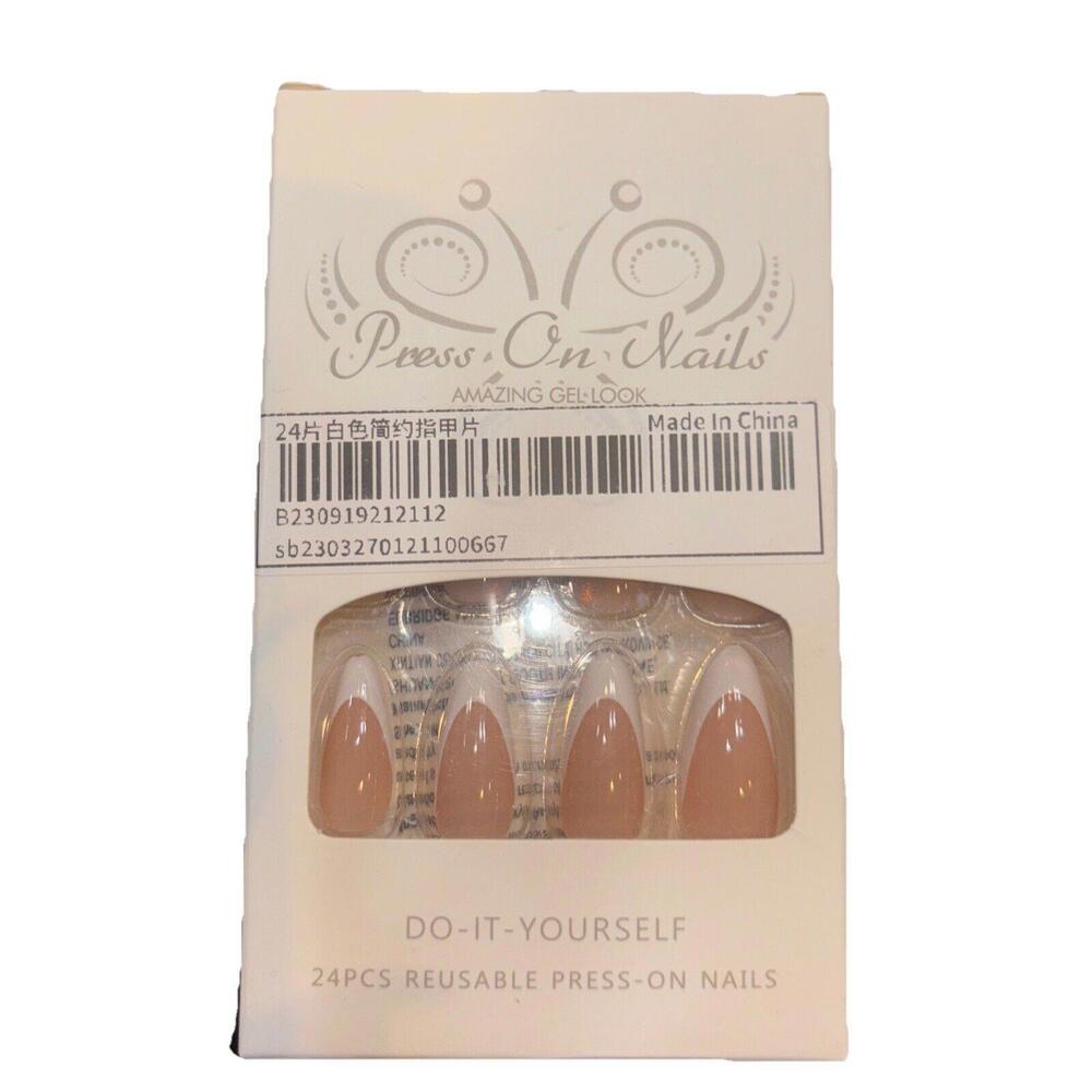 Press on Nails Medium Almond Shape Fake Nails Medium Flesh Tone White Tip